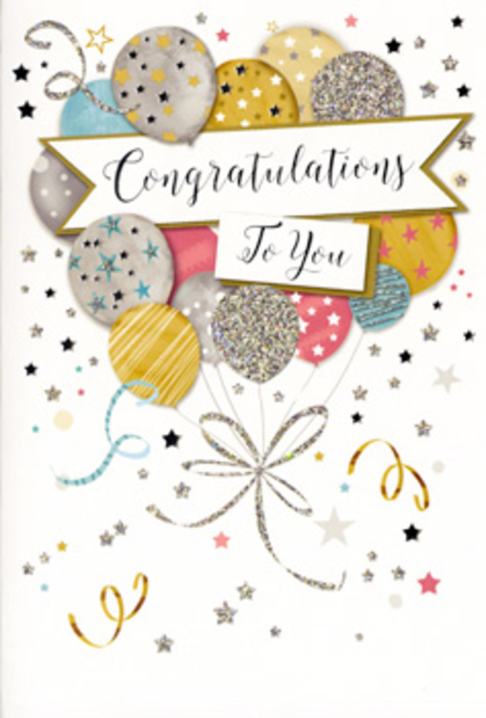 In the image, a beautifully illustrated congratulations card is displayed upright, its design echoing the kind of joyful celebration that often calls for fresh flowers and a thoughtful message in Eastcote. The artwork centres on a generous cluster of balloons, drawn to look as if they are gently rising together in a soft upward curve. The colours are carefully balanced: luminous gold and silver sit alongside delicate champagne, sky blue, blush pink, and soft grey, creating a palette that feels both modern and timeless. Each balloon is given individual character through subtle decorations-tiny starlike dots, narrow glimmering stripes, or lightly scattered glitter-style accents that appear to catch and reflect the light, much as afternoon sun might glint off windows along Field End Road. From the base of the cluster, slender metallic ribbons in gold and silver trail downward, looping in elegant curls that add a sense of motion and festivity, as if the balloons are swaying gently above a table set for a family celebration. Across the centre of the design, a soft, flowing banner unfurls, bearing the words Congratulations To You in ornate script. The calligraphy feels considered and sincere, reminiscent of a carefully written card that might accompany a bouquet marking a promotion, graduation, or new home in the Eastcote or Ruislip area. Around this focal point, small metallic stars, tiny confetti dots, and playful swirls are scattered across a serene, pale background, conjuring the feeling of confetti drifting through the air at the end of a party. The lighting is even and flattering, allowing the metallic inks and pastel hues to shine without overwhelming the eye. Overall, the card conveys a gentle yet unmistakable sense of joy and admiration, perfectly suited to life's proudest moments in HA5.