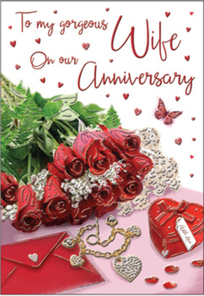 This anniversary card illustration feels like a lovingly staged still life from an Eastcote home, composed with the care of someone arranging flowers and mementos before a special evening. At the centre is a cluster of classic red roses, their petals rich and velvety, opening outwards in full, luxurious spirals that speak of enduring romance. The roses are nestled among bright green leaves, each one glossy and alive, giving the impression of freshly arranged stems just placed down from a bouquet prepared at Eastcote Flowers. Gentle, natural lighting falls across the scene, highlighting the deep ruby tones of the roses and the subtle sheen on the foliage, much like sunlight streaming through the windows of a house near Pinner Road. Beside the flowers lies a neatly positioned envelope, conveying the promise of tender words written inside. Nearby, a heart-shaped box in a vivid red hue and a piece of jewellery-perhaps a pendant or a slim bracelet-add hints of personal history and treasured moments. These small items glint softly, the metal catching the light in fine points that echo the sparkle of shopfronts along Field End Road in the early evening. Scattered heart motifs and delicate sparkling accents move across the card's surface like a trail of affection, drawing the eye towards a single butterfly motif poised as if just alighted on the scene. The script of the anniversary message is fluid and elegant, giving the entire composition a sense of thoughtful intimacy. The textures are carefully suggested: the satin smoothness of petals, the firmness of the card, the cool touch of jewellery. Altogether, the arrangement conveys a warm, romantic atmosphere that would feel right at home in Eastcote-a quiet yet meaningful celebration of love that has grown and deepened over many shared years.