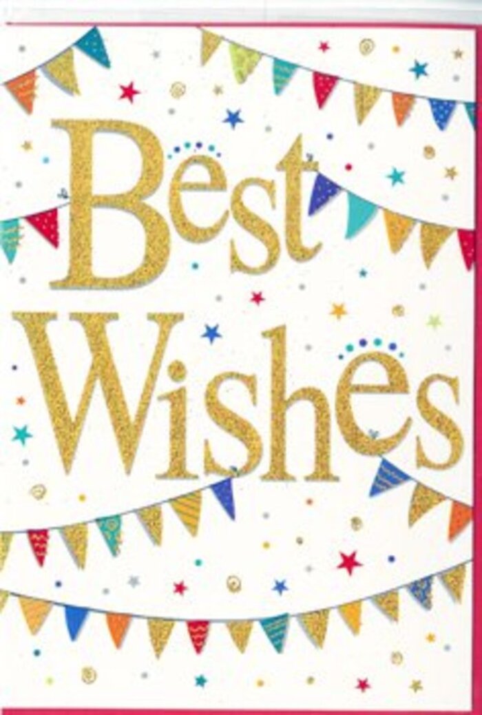 In this Best Wishes card, the spirit of celebration is captured with a light, modern touch that feels right at home in Eastcote's friendly neighbourhood streets. The centre of the card is dominated by the message Best Wishes, written in flowing, elegant gold script that appears lightly embossed. The strokes are smooth and confident, and the golden finish has a soft sparkle, reminiscent of fairy lights glowing in the windows along nearby Field End Road. Surrounding this central phrase, two rows of bunting trace gentle curves across the white background-one along the upper section of the card, and one closer to the base. Each triangular flag is painted in a vibrant colour palette: deep blues, warming reds, bright greens, and sunny yellows, with variations in pattern that suggest dots, stripes, and tiny mosaics. The bunting feels festive yet tasteful, echoing the joyful decorations you might see at a community event near Eastcote House Gardens. Sprinkled among the bunting and text are small star motifs and fine dots, like scattered confetti drifting slowly to the ground after a toast. The pure white backdrop gives a sense of space and calm, ensuring the card doesn't feel cluttered despite the bright elements. Everything is clearly defined, as if viewed in soft natural daylight, without heavy shadows. The card gives off a mood of encouragement, optimism, and shared joy, ideal for congratulating someone on passing exams, starting a new role, or moving into a home in HA5. It is easy to imagine this design accompanying a hand-tied bouquet, extending warm wishes for success and happiness in a way that feels genuinely heartfelt and local.