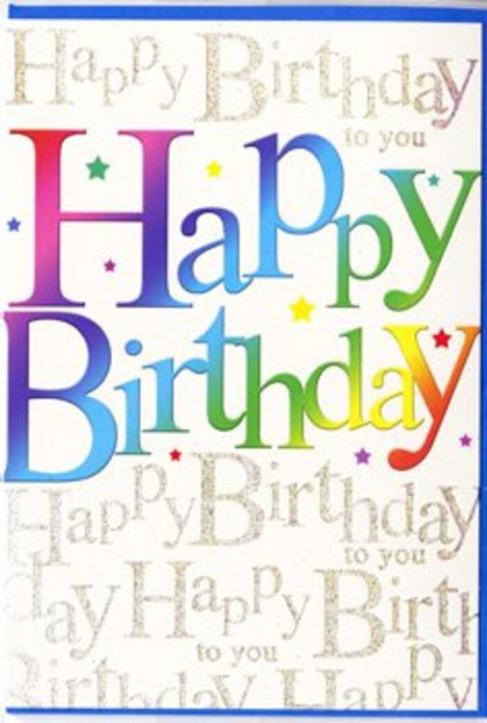 In this image, a beautifully designed birthday card stands as if displayed on a hallway console in a welcoming Eastcote home, radiating colour and warmth. Dominating the centre is the message Happy Birthday, rendered in generous, rounded letters that span almost the entire width of the card. Each letter features a soft, blended gradient that moves through a full spectrum of shades-from deep raspberry and crimson to glowing orange and sunshine yellow, then on into bright grass greens, serene turquoise, and rich sapphire. The colours merge seamlessly, evoking the feeling of a thoughtfully composed rainbow bouquet where each bloom transitions with ease into the next. Around the main text, tiny dots and star-like flecks are scattered in matching colours, conveying the sense of confetti swirling through the air at a birthday gathering near Eastcote's parks. The background provides a gentle contrast: a field of delicate gold script, written in looping cursive, repeats the phrase Happy Birthday to you in parallel lines from edge to edge. This metallic writing catches the light in a subtle shimmer, adding depth and sophistication without distracting from the central greeting. The overall finish of the card looks smooth and slightly lustrous, the type of quality stock that feels pleasingly firm and elegant in the hand. The composition is well-balanced, with the eye drawn first to the joyful message and then to the intricate detail of the gold lettering behind. The card conveys a sense of thoughtful celebration, perfect for marking milestones and special birthdays in Eastcote with a touch of both fun and refinement.