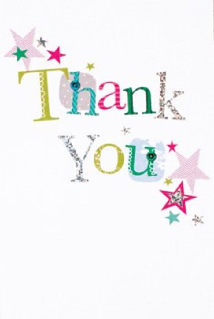 Graceful and buoyant, the lettering of this thank you card brings to mind the friendly elegance of Eastcote's garden walks. Each letter is unique: some are playful with their dotted and stitched curves, others radiate refinement with shimmering silver and harmonious lines. Together, they form a joyful thank you, surrounded by vibrant stars that sparkle in bands of pink, turquoise blue, and metallic silver-adding a lively energy as uplifting as a spring day in Eastcote's green spaces. The composition remains airy, neatly set against a minimalist white background, allowing each colourful flourish its moment. Tiny stars cluster around the message like blessings, much like the careful finishing touches added to a signature arrangement by Eastcote Flowers. The style is inviting-never too formal, yet perfectly suited for so many occasions. Imagine this card nestled beside a fragrant bouquet, its airy beauty and thoughtful design offering gratitude as gentle and sincere as the greetings exchanged by neighbours on Eastcote's leafy streets.