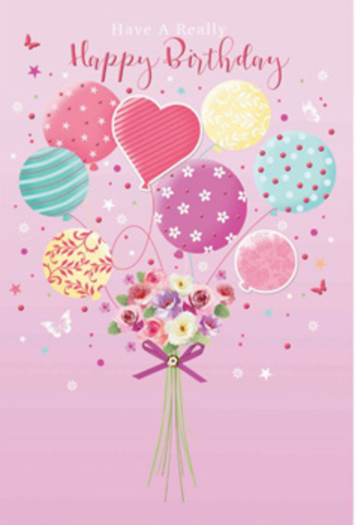 This charming birthday illustration radiates a gentle, celebratory spirit, the kind of feeling you might get walking through Eastcote on a sunny day with a surprise bouquet tucked in the crook of your arm. The artwork shows a whimsical cluster of pastel balloons floating above a compact bouquet, all set against a soft blush-pink background that glows warmly. Each balloon has its own decorative flair: some are wrapped in swirling, ribbon-like stripes in delicate rose, teal, and lavender tones, while others sparkle with evenly scattered polka dots in sunshine yellow and cool sea green. A heart-shaped balloon sits proudly at the centre, tinted a rich, affectionate pink that naturally draws the eye. Gentle highlights and shading along the balloon surfaces give them a softly reflective sheen, making them appear full and weightless, as though ready to drift above the rooftops near Eastcote's high street. Nestled at the bottom of the design, the bouquet is hand-tied and lush, featuring roses and small, daisy-like or anemone-style blooms in creamy ivory, blush pink, and subtle mauve. Each petal looks slightly ruffled and velvety, suggesting freshly cut stems and careful arranging by an experienced local florist. A shimmering violet bow secures the gathered stems, its satin finish catching the light and adding a polished, celebratory touch. Around the entire scene, tiny star motifs and delicate butterflies flutter as though suspended mid-air, bringing in an almost storybook magic. The composition conveys warmth, affection, and the quiet thrill of being surprised with birthday flowers that feel as unique as the person receiving them.