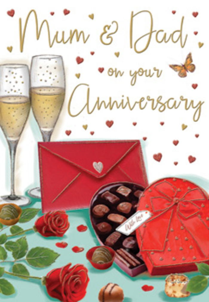 Illustrated anniversary card brimming with colour and sentiment, capturing the essence of a special celebration for Mum and Dad in Eastcote. The scene is composed as a romantic still life on a tabletop, with two lush red roses at its heart. Each rose is depicted with intricate detail, the petals densely layered and softly shaded, giving the impression of velvety texture and fullness. Deep green leaves fan out from the stems, their slightly serrated edges and varied tones adding a natural, freshly cut feel, much like a bouquet just delivered from Eastcote Flowers on Field End Road. Tucked alongside the roses is an open heart-shaped box of chocolates, its body painted a rich, elegant red. The lid leans back to reveal a careful arrangement of chocolates in different shapes and sizes, rendered in smooth browns and dark caramels that hint at indulgent fillings. A dramatic red bow rests on the box, its tails trailing gracefully across the lid. Rising behind these elements are two slim champagne flutes, drawn tall and clear, filled with golden bubbly. The bubbles are suspended mid-rise, and the glass is touched with soft highlights, conveying gentle evening light, as though candles are flickering nearby. Across the card float scattered hearts in gold and crimson tones, some small and dainty, others slightly larger, creating a playful frame around the handwritten words Mum & Dad in flowing script. In the foreground, a deep scarlet envelope lies slightly angled, its simple shape suggesting a treasured message or card inside. The composition as a whole feels warm and celebratory, evoking an anniversary evening spent sharing stories, clinking glasses, and enjoying chocolates together in the comfort of an Eastcote home.