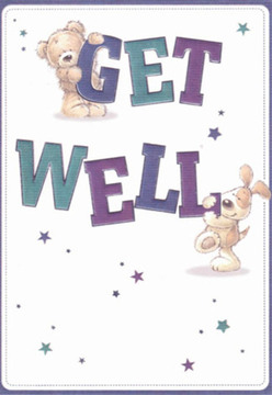 This charming get well card radiates a comforting warmth that feels perfectly at home in Eastcote's friendly neighbourhoods. Illustrated with playful precision, a snuggly brown bear is pictured holding onto the vibrant top of the word 'GET,' while an exuberant puppy nuzzles the strong 'WELL' below. Their soft, rounded features and gentle gazes convey encouragement and hope, mirroring the supportive atmosphere Eastcote folk extend to one another. Deep purples and teals shade the word art, lending vitality and contrast, while twinkling blue and lavender stars scatter across the creamy expanse. Every artistic stroke suggests the same mindful attention given by Eastcote's florists when crafting a get well bouquet for customers, each component chosen to uplift. The white background breathes a sense of clarity and health, reminiscent of the open spaces near Warrender Park. In all, the artwork is more than decorative - it's a visual message of care, crafted to brighten days and deliver comfort in times of recovery throughout Eastcote.