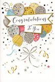 The scene shows a refined congratulations card, styled with a sense of lightness and celebration that would pair beautifully with a bouquet from a local Eastcote florist. At the heart of the card, a loosely gathered cluster of balloons rises upward, overlapping in a way that creates depth and movement, as though they are floating above a cheerful get-together near Eastcote High Street. The balloons are drawn in soft, harmonious shades of gold, silver, champagne, powder blue, blush pink, and muted grey, their surfaces embellished with delicate patterns: some display tiny scattered stars, others fine, glistening stripes, and a few appear dusted with subtle glitter-like speckles. Slim metallic ribbons stream from the base of each balloon, curling and twisting in graceful arcs of gold and silver that bring a sense of dynamic energy to the design. Threaded through this airy arrangement is a gently curved banner, stretching across the centre of the card and carrying the words Congratulations To You written in elegant, calligraphic lettering, with fluid strokes that feel personal and heartfelt. Surrounding the central motif, small metallic stars, dots of confetti, and whimsical swirls dance across a pale, uncluttered background, suggesting the lingering excitement of a party that's just taken place in a cosy Eastcote home or a local café. Soft, diffused lighting in the image enhances the gentle shimmer of the metallic inks without creating harsh reflections, allowing the pastel tones to remain soothing and sophisticated. The overall impression is of a card that radiates quiet glamour and genuine happiness, ideal for celebrating milestones, promotions, exam successes, and other achievements across Eastcote, Pinner, and nearby Ruislip.