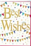 Viewed up close, this Best Wishes card feels like a moment of joy frozen in time, the sort of thoughtful touch you might choose for a celebration in Eastcote. The design rests on a bright white background that feels clean and modern, drawing attention straight to the central message. Across the middle, the words Best Wishes are written in a luxurious gold script, with each letter slightly raised and glistening, as though finished with delicate glitter or foil. The gold shines softly rather than glaring, giving an impression of warmth and sincerity, like sunlight reflecting off the leaves in nearby Eastcote House Gardens. Curving in soft arcs above and below this message are strings of colourful bunting, the tiny triangular flags seeming to dance lightly across the card. Each pennant is painted in bold, cheerful hues-royal blue, scarlet, bright green, and yellow-some patterned with small dots or stripes that suggest the care of a hand-painted design. Between these arcs of bunting and around the central text, small star shapes and dot-like specks are sprinkled randomly, mimicking falling confetti and adding a sense of motion and fun. The white space around the design keeps it gentle on the eye, ensuring the composition feels open and airy rather than busy. The overall effect is one of optimistic celebration, perfect for congratulating someone on a promotion, exam success, or a new beginning anywhere in HA5. When paired with a bright floral arrangement delivered locally, the card carries a clear, heartfelt wish for good fortune, happiness, and continued success.