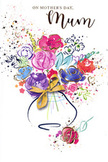 This Mother's Day card design radiates the exuberance of a freshly gathered spring bouquet, reimagined in swirling watercolour with shimmering touches of gold, much like the hand-tied arrangements prepared daily around Eastcote. At its centre, lush purples and playful pinks blend with vibrant reds and pockets of serene blue, creating the impression of a vase brimming with open blooms and delicate buds. The petals are suggested with soft, sweeping strokes rather than precise outlines, allowing the colours to blend into one another in a way that feels organic and alive. Subtle gold accents highlight certain petal tips, leaf edges and the occasional stem, giving the composition a refined sparkle, as if the flowers were bathed in late-afternoon light. The bouquet rises from a gently curved vase, rendered in light washes and finished with an elegant golden bow that catches the eye and anchors the scene. Around the bouquet, scattered flecks of paint and tiny heart shapes hover over the crisp white background, evoking petals tossed in celebration or the happy chaos of wrapping flowers at home. The atmosphere is airy, open and heartfelt, mirroring the quiet joy of surprising Mum with a beautiful arrangement delivered to her Eastcote doorstep. The image doesn't just show flowers; it captures the warmth of gratitude, affection and shared memories that Mother's Day is meant to celebrate.