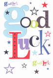 A bold good luck card lies against a clean white background, its Good Luck message exploding across the centre in a joyful mix of colours and fonts that feel as lively as a send-off party on Eastcote High Road. The oversized pastel-blue letters curl and stretch with a soft, friendly roundness, while deeper reds, mossy greens, inky blacks, and rich violets slot between them in slimmer, more angular styles, like a chorus of different voices all cheering together. Scattered around the wording, tiny five-pointed stars in navy, sky-blue, lilac, lemon-lime, and muted teal flicker across the card, some bold and others faded, as if drifting out over the night sky above Cavendish Recreation Ground. The white card stock looks crisp and thick, suggesting smooth, slightly velvety paper that would feel reassuringly sturdy in the hand, the sort of quality finish we choose in the shop when pairing a message card with a fresh bouquet for exam results or a first day in a new job. Though the surface is flat, the carefully printed colours give an almost layered effect, as if each letter had been placed by hand, creating a rhythm that moves the eyes from left to right in one happy sweep. There are no flowers drawn here, yet the energy echoes the feel of a bright mixed bouquet: upbeat, encouraging, and full of possibility, perfect to tuck beside a good luck arrangement heading out for same-day delivery to a student revising in a quiet Eastcote side street or a friend starting a new role near the station, carrying with it the simple, powerful magic of someone believing in you.