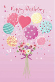 This birthday card design feels joyfully light and whimsical, like glimpsing balloons and flowers in a shop window along Eastcote's main parade. The illustration is set on a soft pink backdrop, where a bouquet of pastel balloons rises gracefully from a small hand-tied arrangement of flowers. Each balloon is decorated with a different cheerful pattern: some feature flowing candy stripes in shades of rose, lavender, and pale teal; others are sprinkled with playful polka dots in fresh lemon yellow and sea green. At the centre of the cluster, a heart-shaped balloon glows warmly in deep blush pink, acting as the emotional anchor of the composition. The balloons have a glossy, gently rounded appearance, with highlights that suggest they are filled with helium and ready to float. Below them, the bouquet rests like a delicate posy, composed of creamy ivory flowers, blush-toned roses, and anemone-style blooms in soft mauve. The petals are finely detailed and slightly curled, evoking the velvety texture of freshly arranged birthday flowers from a local Eastcote florist. A neat violet satin bow gathers the stems, its sheen adding a refined finishing touch that speaks of thoughtful craftsmanship. Scattered around the balloons and blooms are tiny stars and butterfly shapes, delicate as confetti blowing along a quiet residential street. The overall mood is soft, sweet, and celebratory, perfectly capturing the joy of marking a special birthday with blooms and balloons that feel personal, uplifting, and full of charm.