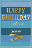This beautifully balanced birthday card combines soothing blues and elegant gold to create a calm yet celebratory feel, perfect for a special day in Eastcote. The background is arranged in broad horizontal stripes, each band a slightly different tone of blue, moving gently from deeper navy at the top through cooler mid-blues to a light, airy shade near the bottom. The effect suggests a tranquil, layered sky, adding both depth and softness to the design. Across the center, the greeting HAPPY BIRTHDAY is embossed in striking gold capital letters, the metallic finish catching the light with a gentle sparkle. The letters stand out clearly against the blues, conveying the importance of the occasion without feeling flashy. Just below, a delicate golden flourish sweeps across the card, a graceful ornamental curve that adds a touch of classic refinement. Beneath this, three slim gold banners sit neatly aligned, each ribbon carrying the same friendly message: Relax, have a great day and enjoy! The phrasing invites the recipient to unwind and truly appreciate their day. A fine gold border encloses the entire design, like a frame around a favourite picture, giving the card a polished, gift-ready look. The cardstock appears smooth and slightly matte, while the embossed gold elements lend a subtle texture that would be pleasant to the touch. Imagined on a side table beside a bouquet of fresh flowers delivered across Eastcote, this card brings together serenity, warmth, and thoughtful birthday wishes in one quietly radiant piece.