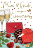 Warm and romantic anniversary card illustration that evokes a sense of cherished family moments, as if set on a dining table in Eastcote just before an evening toast. At the centre of the artwork, two sumptuous red roses rest side by side, their petals gently unfolding in layered curls that suggest softness and depth. The surrounding leaves are painted in rich green tones, with natural-looking curves and edges, giving the impression of freshly cut stems from a local Eastcote florist. Nestled near the roses is a heart-shaped box of chocolates, coloured in a deep, inviting red, with gentle highlights along its edges. The lid is propped back to reveal a neatly arranged selection of chocolates, each piece carefully shaded in warm browns that hint at velvety ganache and nutty centres. A bold red ribbon is tied into a full, decorative bow on top, its flowing tails echoing the shapes of the rose petals. Behind this arrangement, two elegant champagne flutes stand close together, their tall, slender forms rendered with fine lines and subtle reflections. They are filled with a pale golden drink, bubbles rising delicately to the surface, suggesting a celebratory toast under soft lighting, perhaps after a relaxed stroll along Eastcote's quiet residential streets. Dotted around the scene are small hearts in shades of gold and crimson, dancing across the background and framing the handwritten words Mum & Dad in a tender script. In front, a bright scarlet envelope lies neatly in view, hinting at a written message of love and thanks. Altogether, the illustration combines roses, champagne, and chocolate to convey the sweetness and enduring affection of an anniversary shared at home.